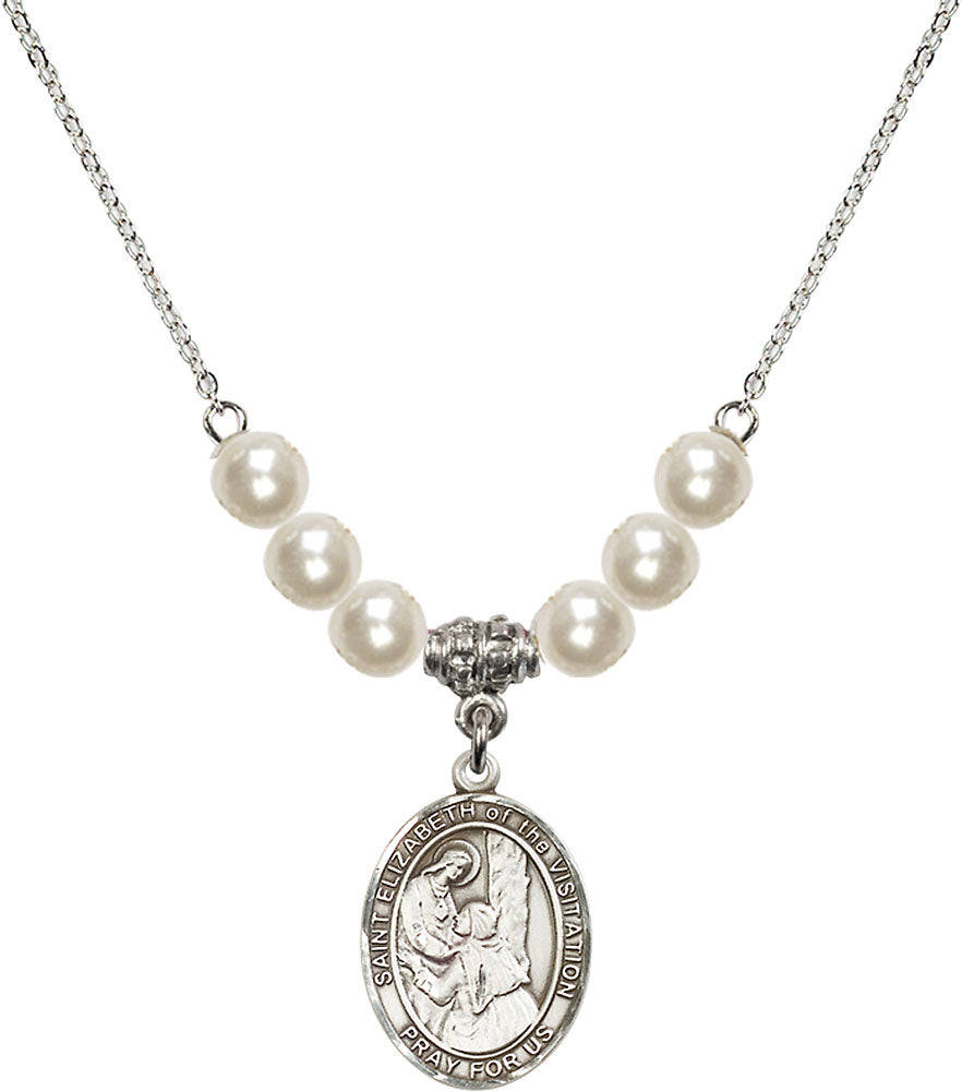 Sterling Silver Saint Elizabeth of the Visitation Birthstone Necklace with Faux-Pearl Beads - 8311