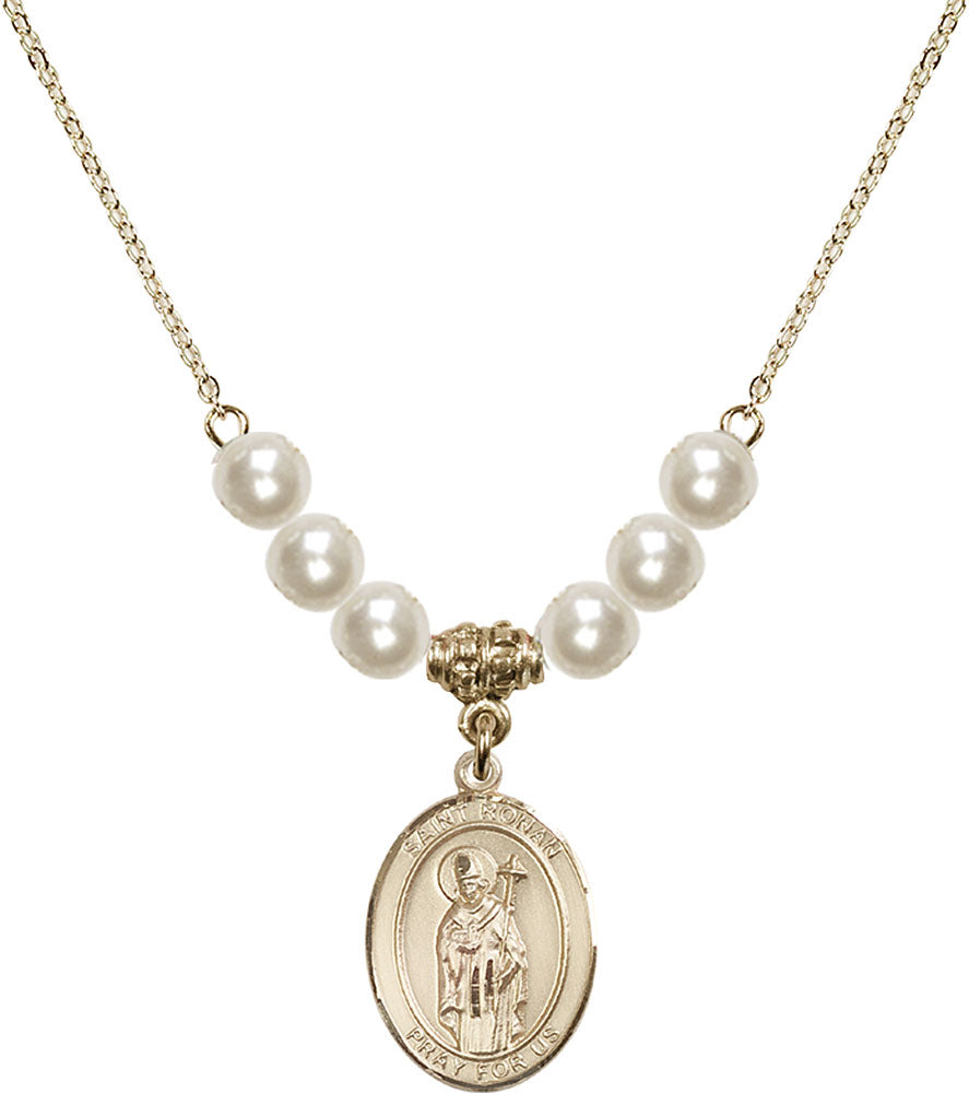 14kt Gold Filled Saint Ronan Birthstone Necklace with Faux-Pearl Beads - 8315