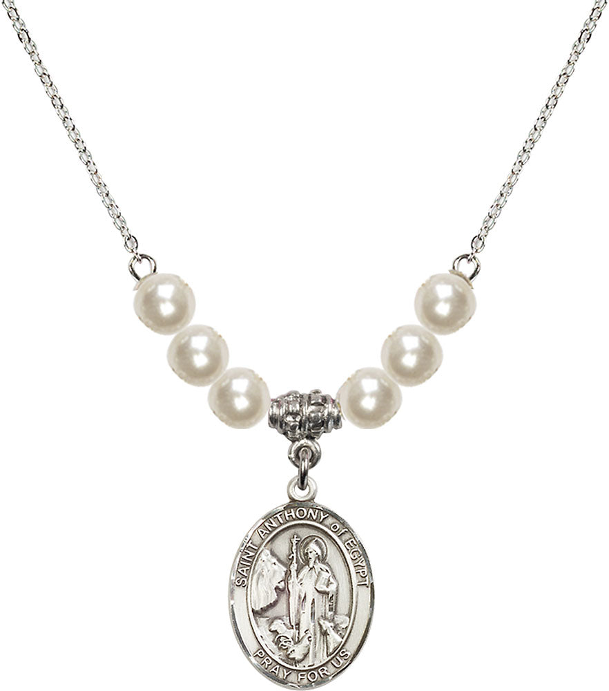 Sterling Silver Saint Anthony of Egypt Birthstone Necklace with Faux-Pearl Beads - 8317