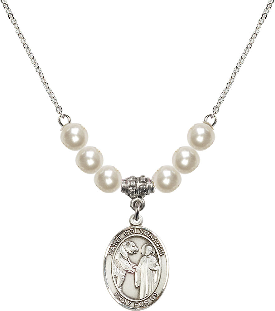 Sterling Silver Saint Columbanus Birthstone Necklace with Faux-Pearl Beads - 8321