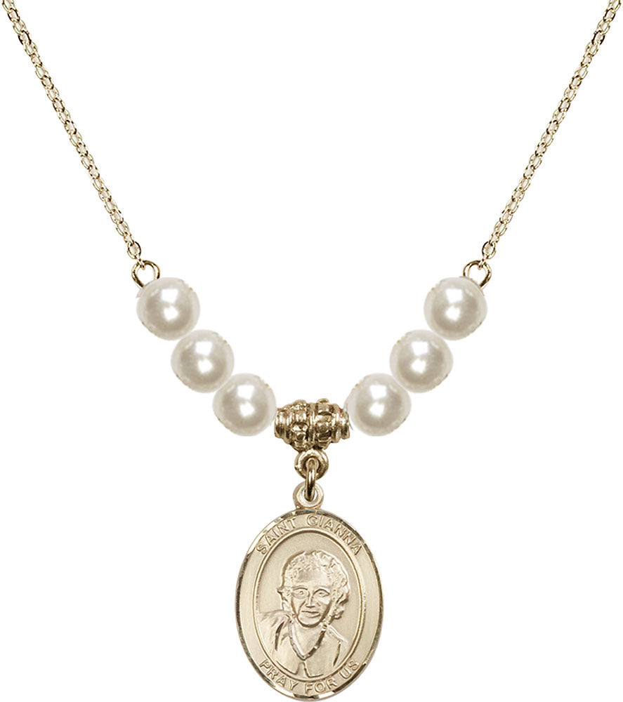 14kt Gold Filled Saint Gianna Beretta Molla Birthstone Necklace with Faux-Pearl Beads - 8322