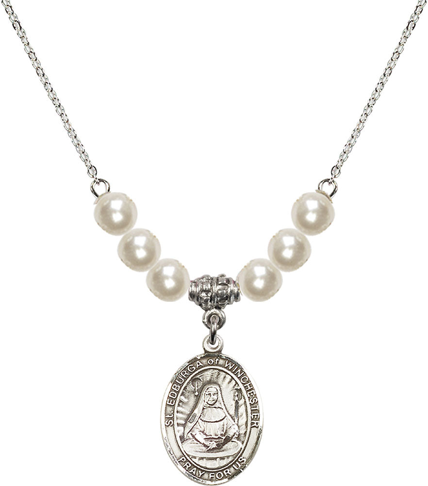 Sterling Silver Saint Edburga of Winchester Birthstone Necklace with Faux-Pearl Beads - 8324
