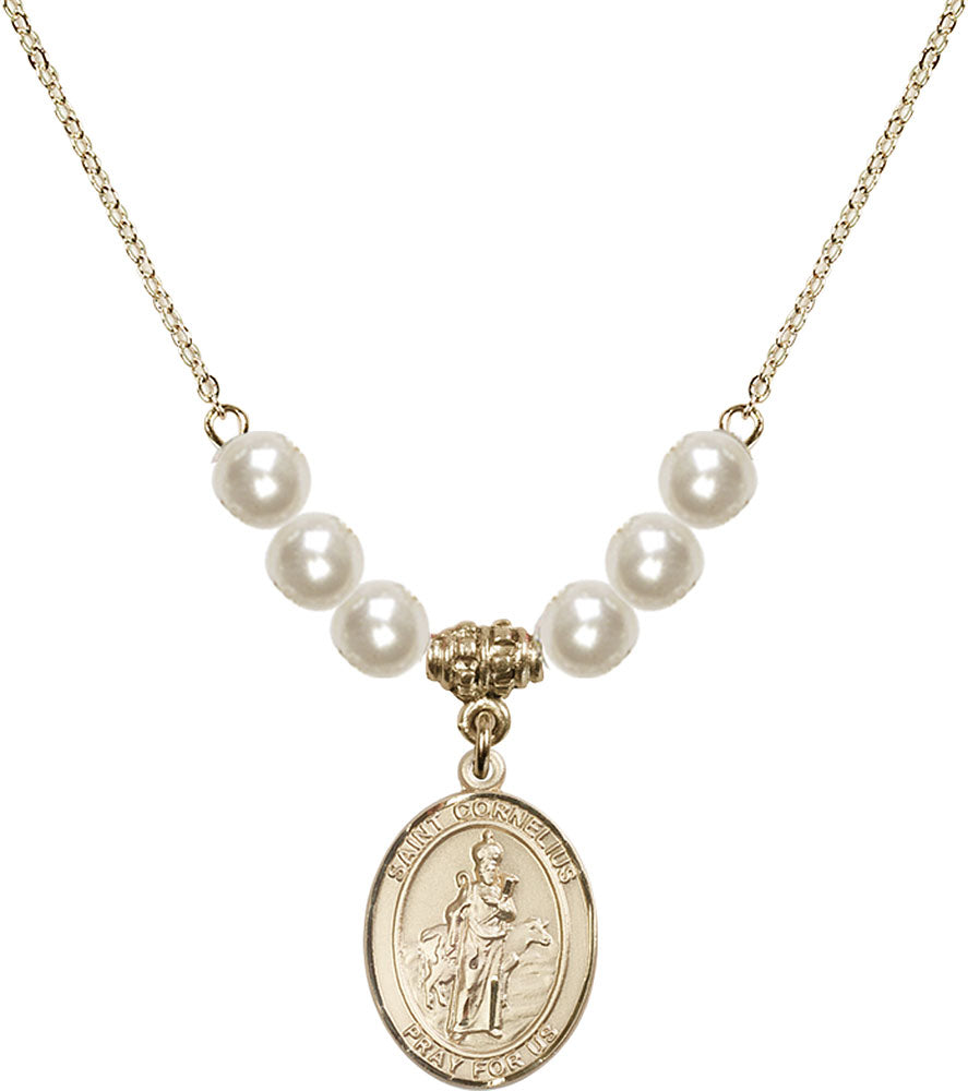 14kt Gold Filled Saint Cornelius Birthstone Necklace with Faux-Pearl Beads - 8325