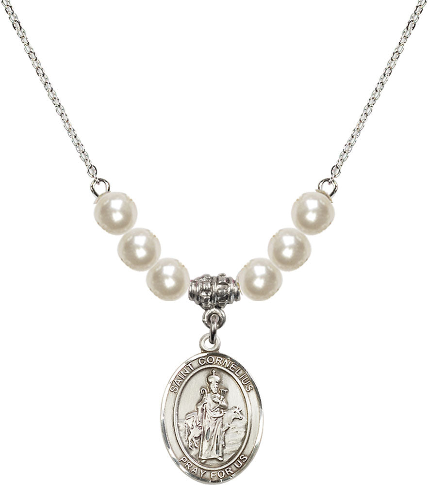 Sterling Silver Saint Cornelius Birthstone Necklace with Faux-Pearl Beads - 8325