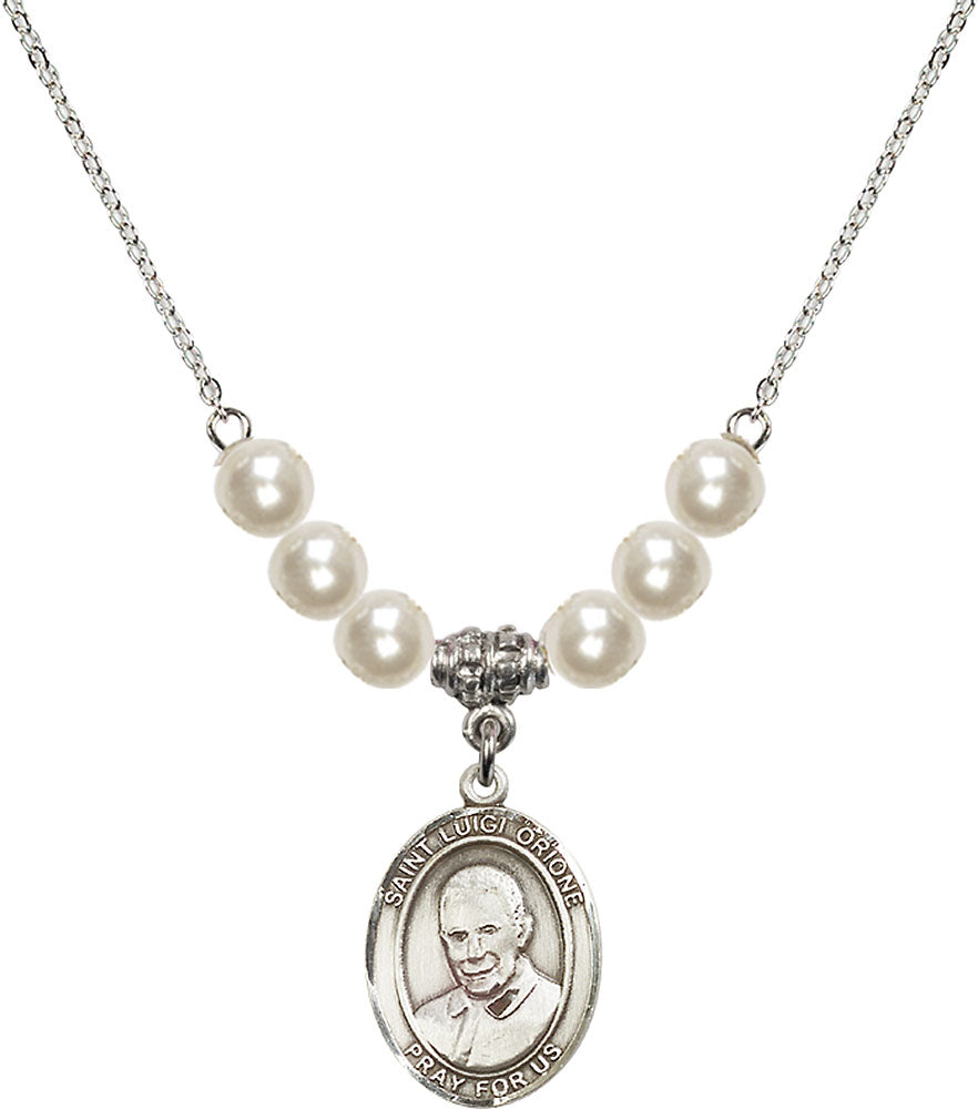 Sterling Silver Saint Luigi Orione Birthstone Necklace with Faux-Pearl Beads - 8326