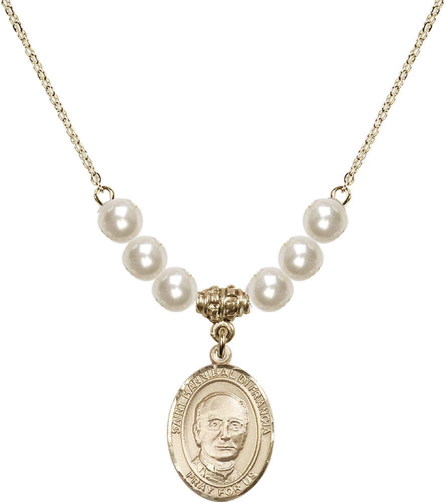 14kt Gold Filled Saint Hannibal Birthstone Necklace with Faux-Pearl Beads - 8327