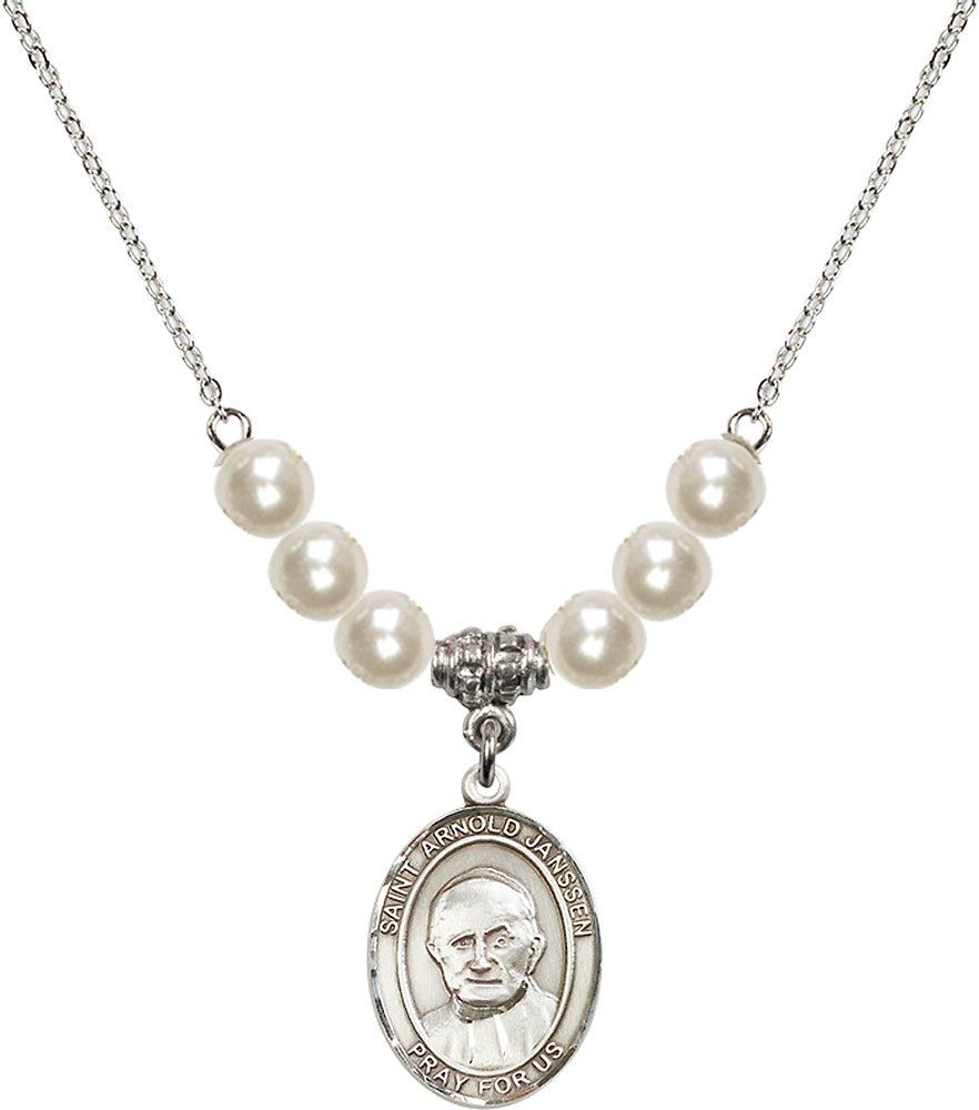Sterling Silver Saint Arnold Janssen Birthstone Necklace with Faux-Pearl Beads - 8328