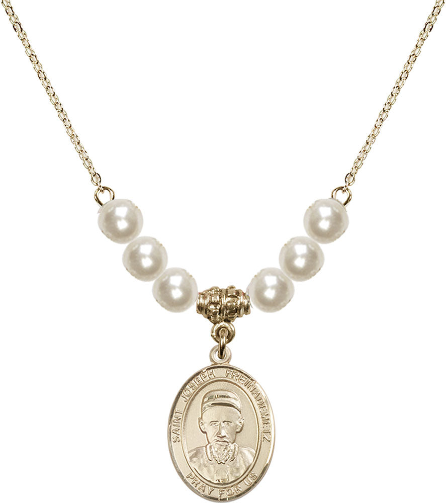 14kt Gold Filled Saint Joseph Freinademetz Birthstone Necklace with Faux-Pearl Beads - 8329