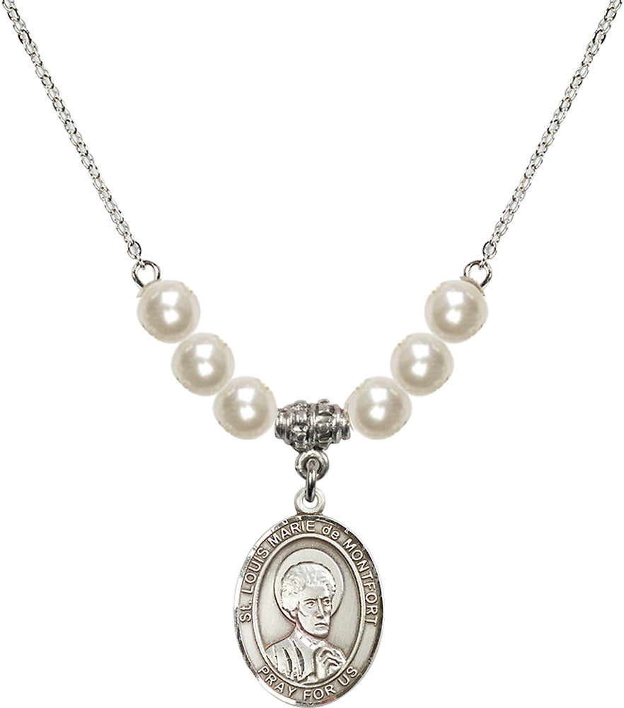 Sterling Silver Saint Louis Marie de Montfort Birthstone Necklace with Faux-Pearl Beads - 8330