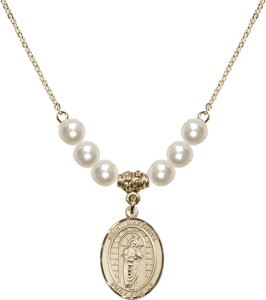14kt Gold Filled Saint Matthias the Apostle Birthstone Necklace with Faux-Pearl Beads - 8331