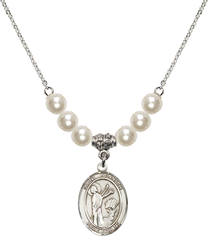 Sterling Silver Saint Kenneth Birthstone Necklace with Faux-Pearl Beads - 8332