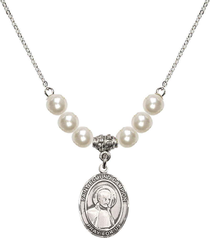 Sterling Silver Saint Edmund Campion Birthstone Necklace with Faux-Pearl Beads - 8333