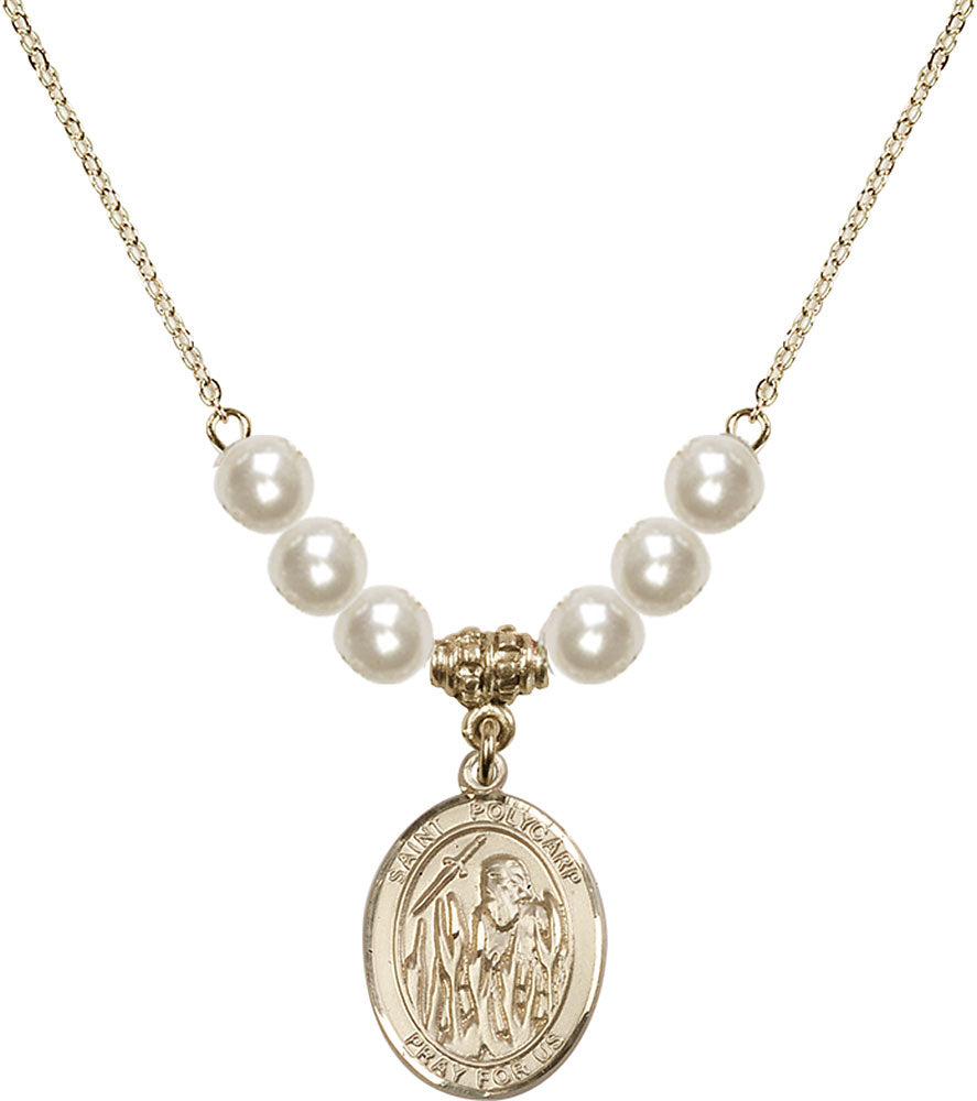 14kt Gold Filled Saint Polycarp of Smyrna Birthstone Necklace with Faux-Pearl Beads - 8363