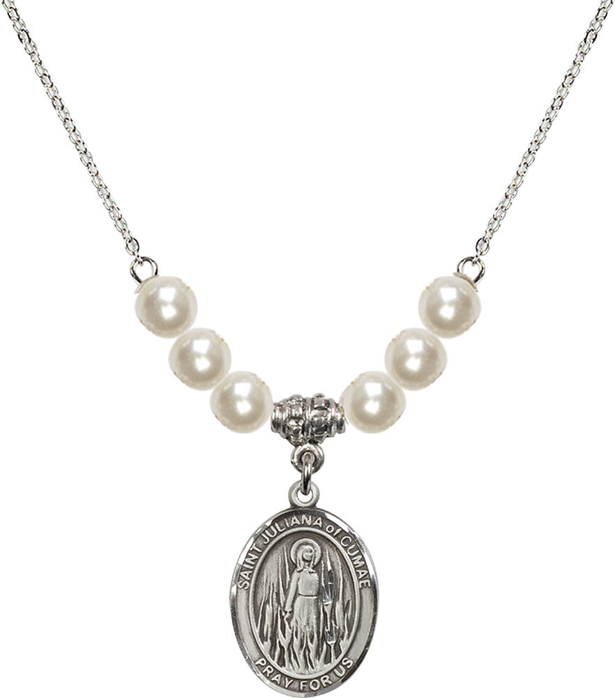 Sterling Silver Saint Juliana of Cumae Birthstone Necklace with Faux-Pearl Beads - 8372