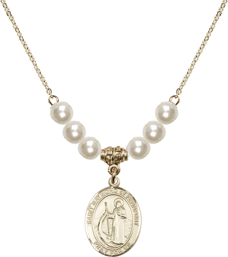 14kt Gold Filled Saint Raymond of Penafort Birthstone Necklace with Faux-Pearl Beads - 8385
