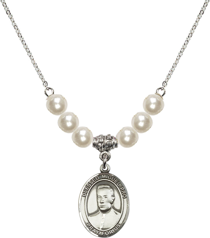 Sterling Silver Blessed Miguel Pro Birthstone Necklace with Faux-Pearl Beads - 8389