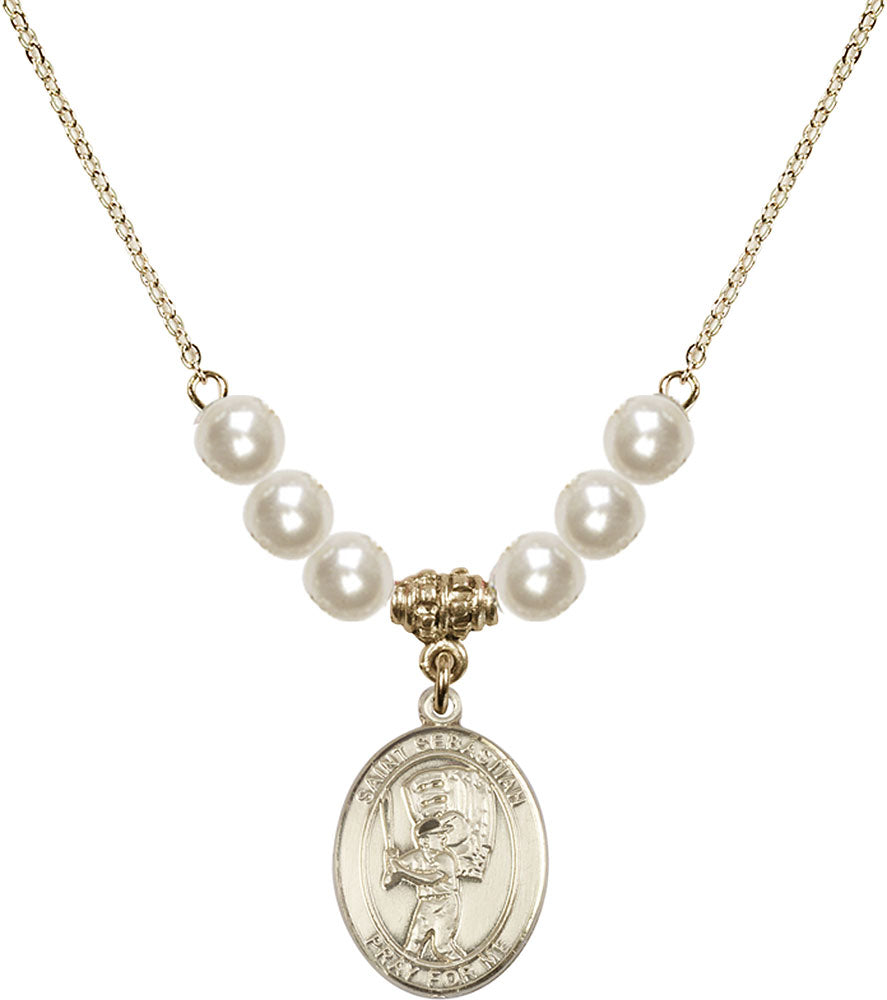 14kt Gold Filled Saint Sebastian / Baseball Birthstone Necklace with Faux-Pearl Beads - 8600