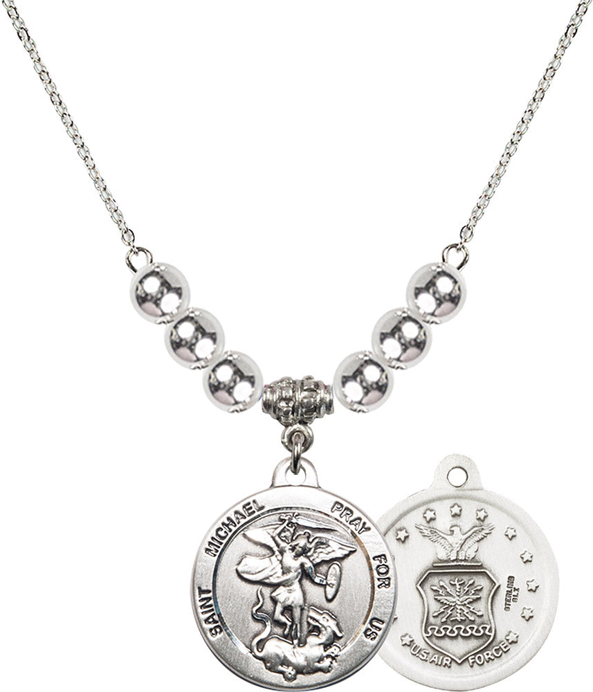 Sterling Silver Saint Michael / Air Force Birthstone Necklace with Sterling Silver Beads - 0342