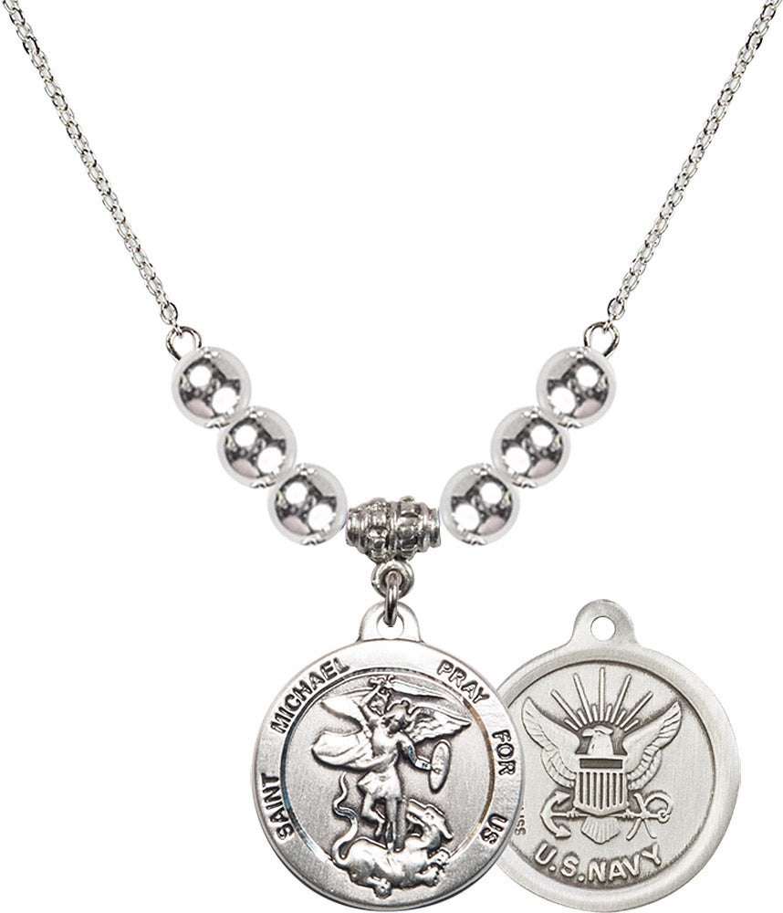Sterling Silver Saint Michael / Navy Birthstone Necklace with Sterling Silver Beads - 0342