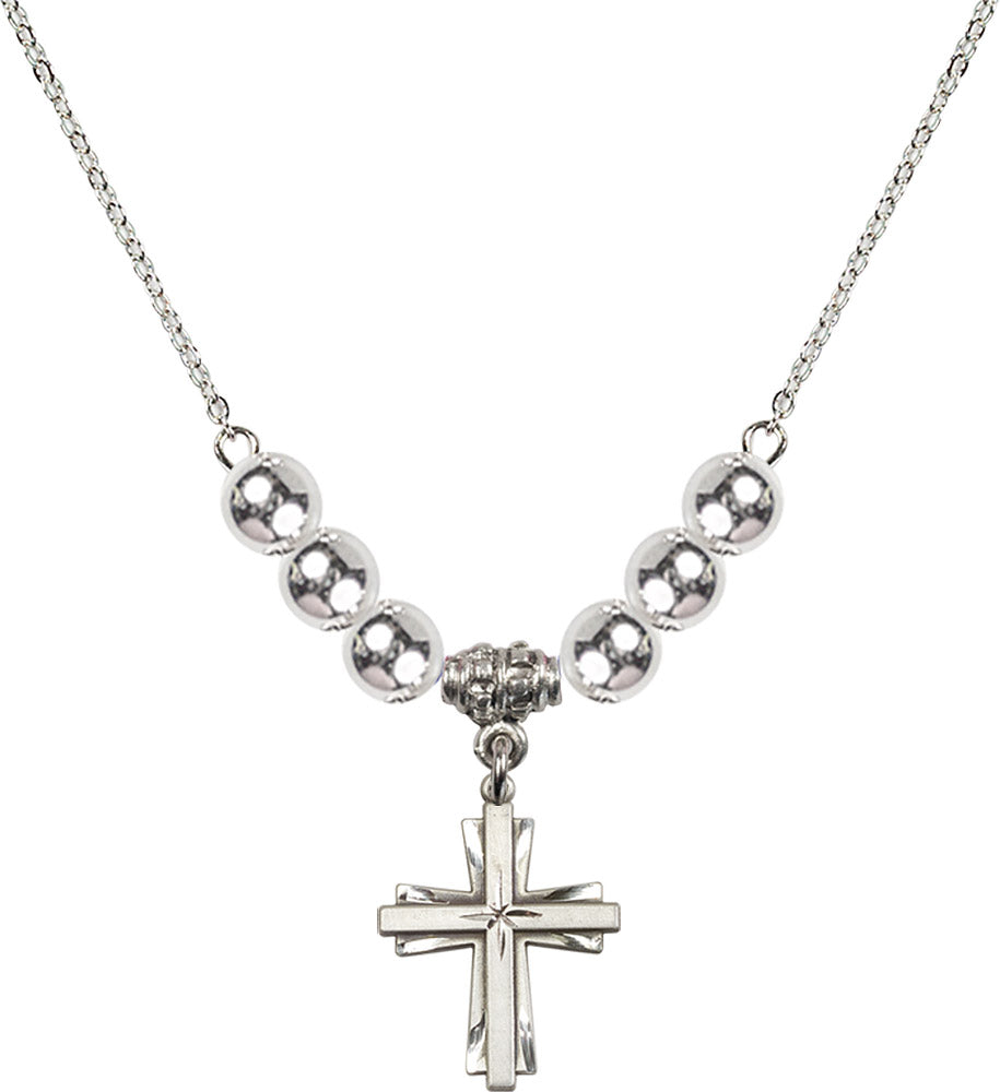 Sterling Silver Cross Birthstone Necklace with Sterling Silver Beads - 0675