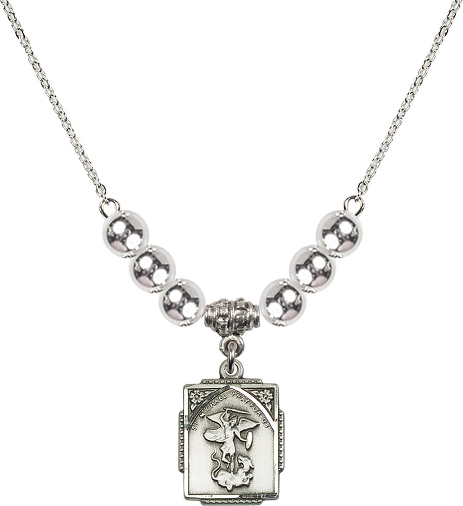 Sterling Silver Saint Michael the Archangel Birthstone Necklace with Sterling Silver Beads - 0804