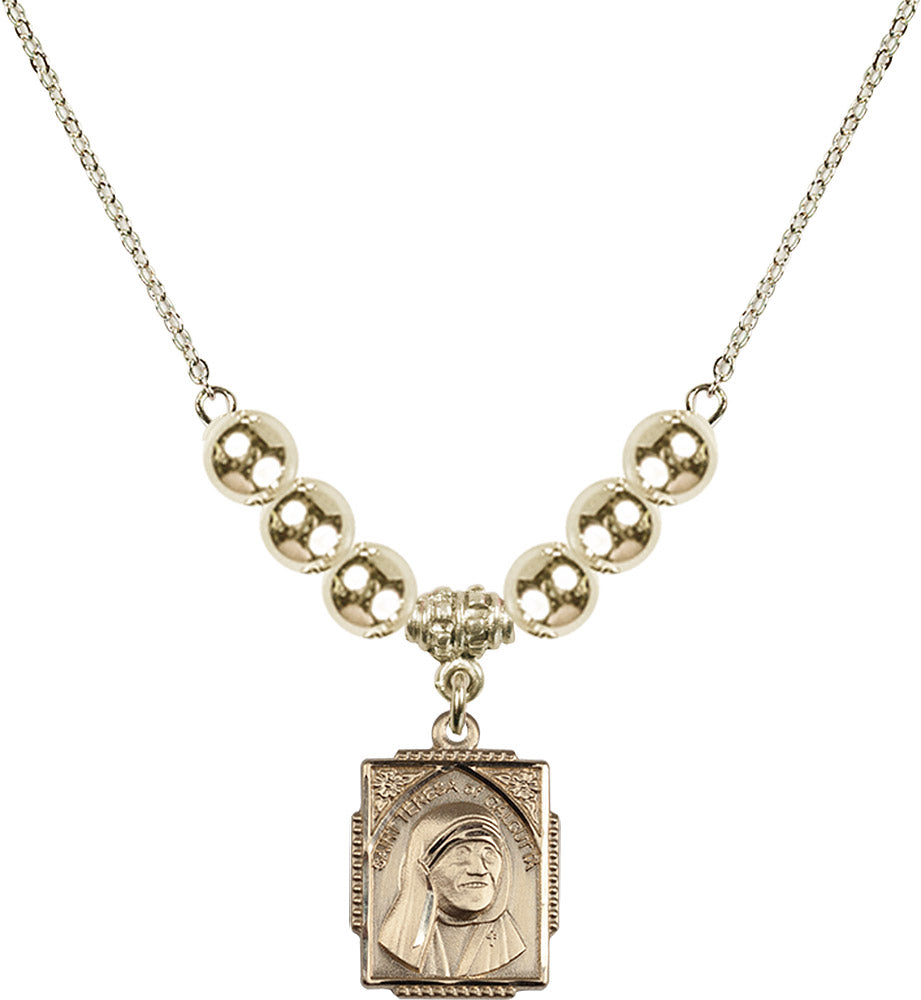 14kt Gold Filled Saint Teresa of Calcutta Birthstone Necklace with Gold Filled Beads - 0804