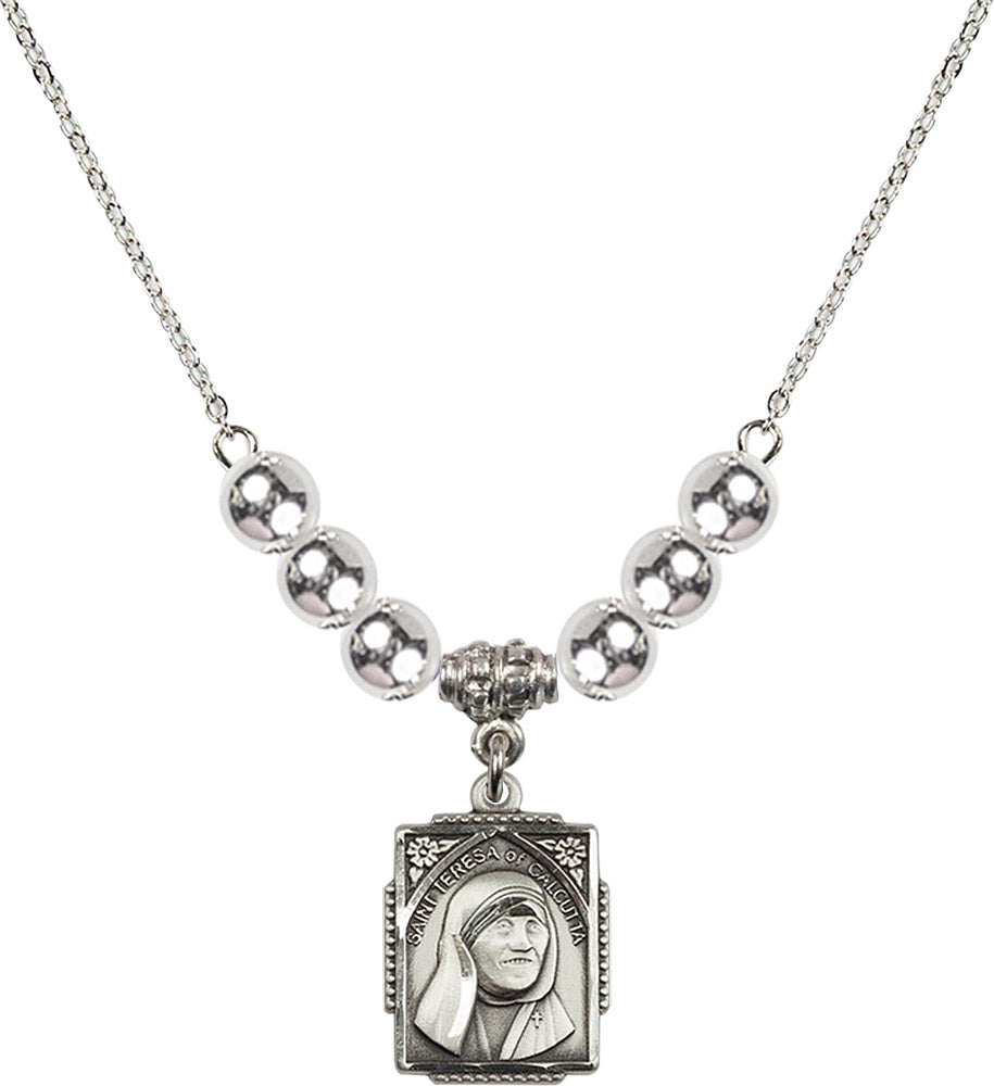 Sterling Silver Saint Teresa of Calcutta Birthstone Necklace with Sterling Silver Beads - 0804