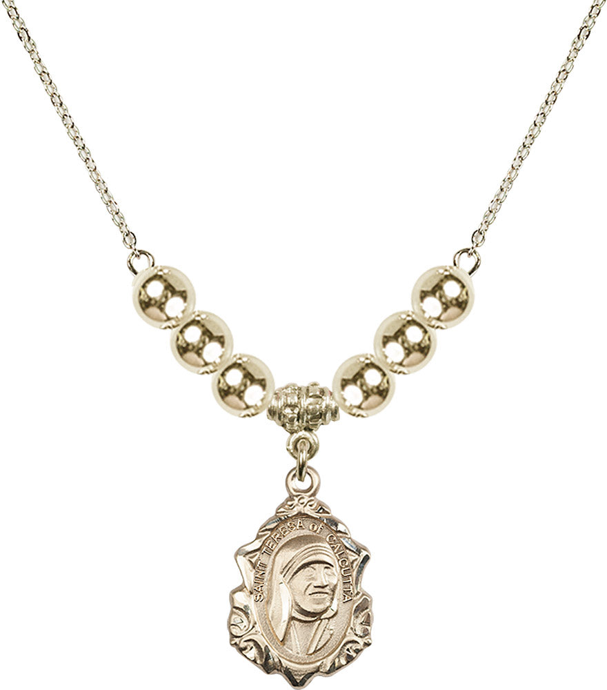 14kt Gold Filled Saint Teresa of Calcutta Birthstone Necklace with Gold Filled Beads - 0812