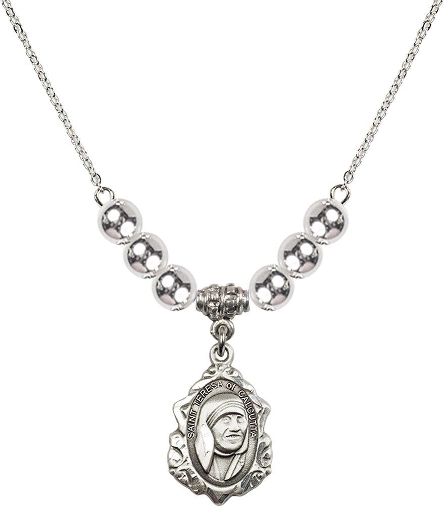 Sterling Silver Saint Teresa of Calcutta Birthstone Necklace with Sterling Silver Beads - 0812