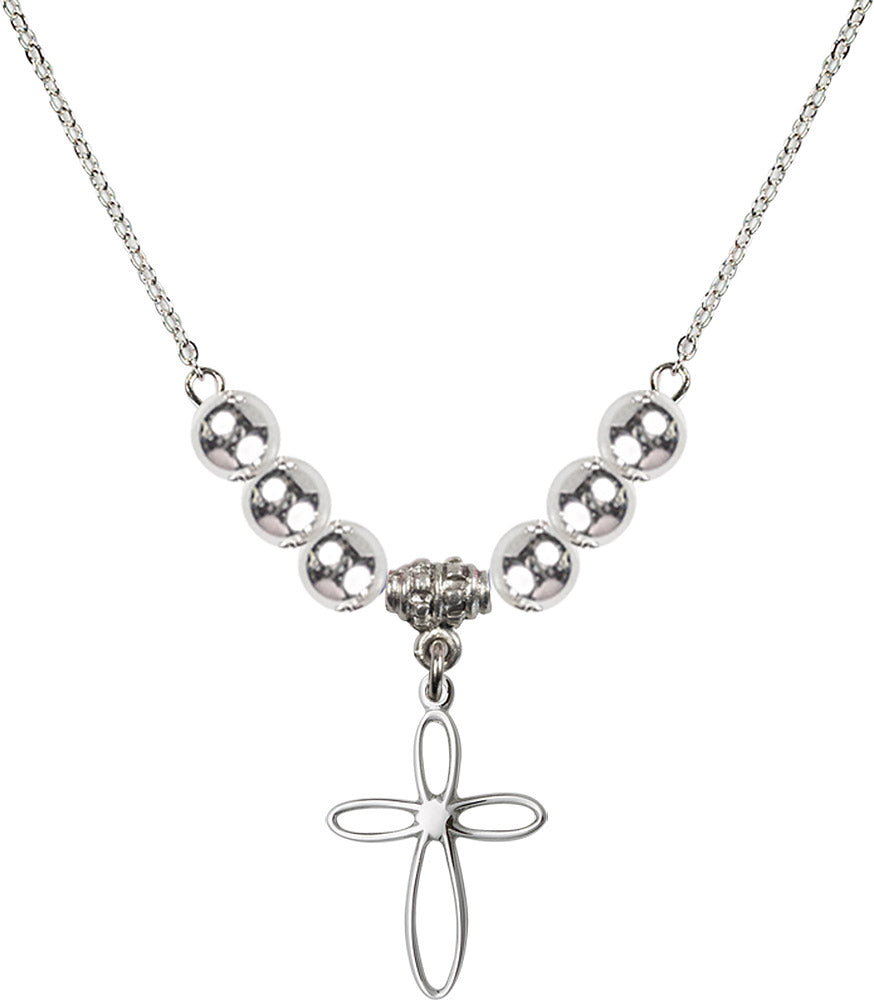 Sterling Silver Loop Cross Birthstone Necklace with Sterling Silver Beads - 1707