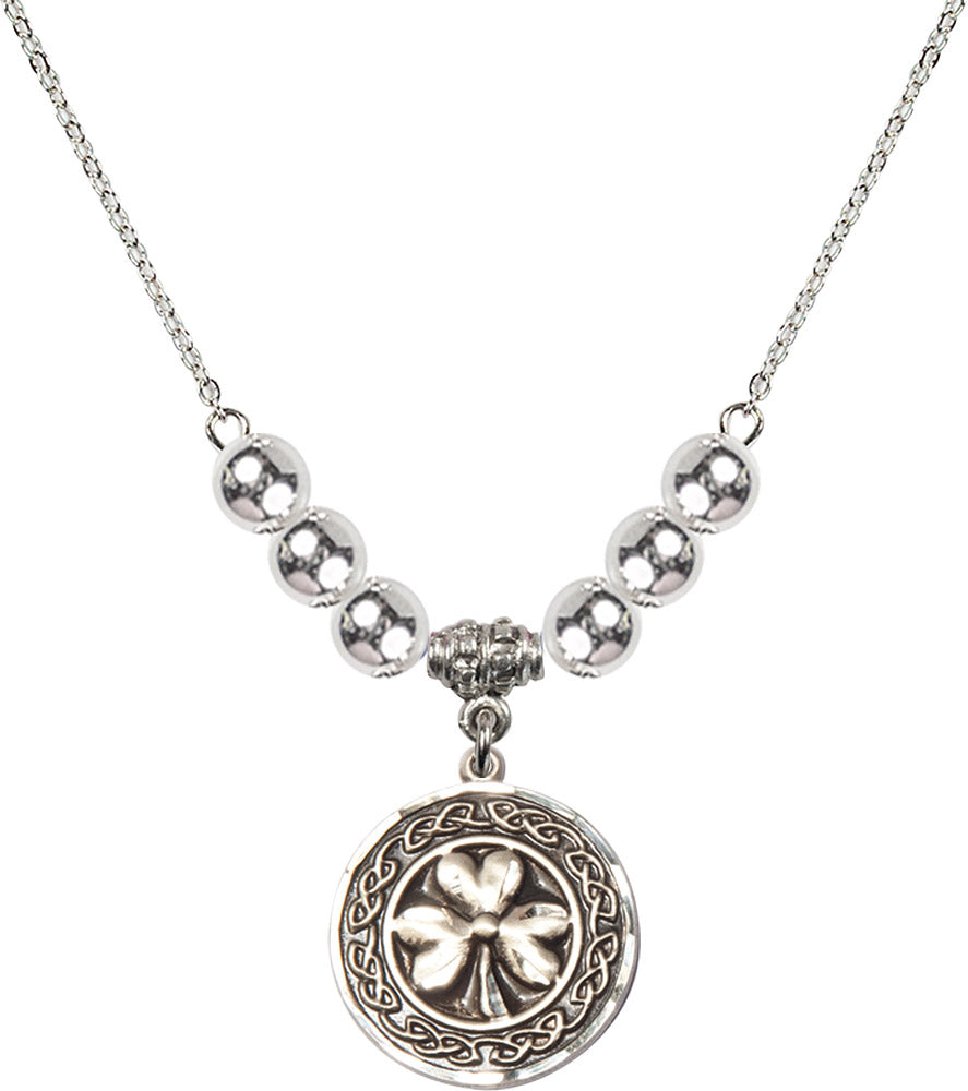 Sterling Silver Shamrock w/ Celtic Border Birthstone Necklace with Sterling Silver Beads - 5106