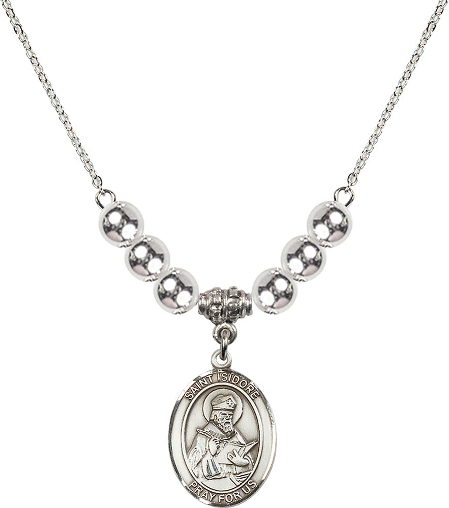 Sterling Silver Saint Isidore of Seville Birthstone Necklace with Sterling Silver Beads - 8049