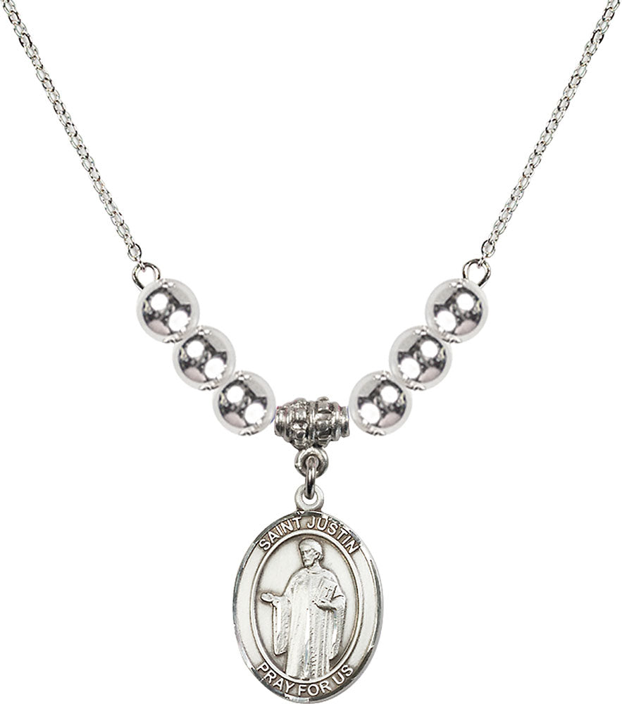 Sterling Silver Saint Justin Birthstone Necklace with Sterling Silver Beads - 8052