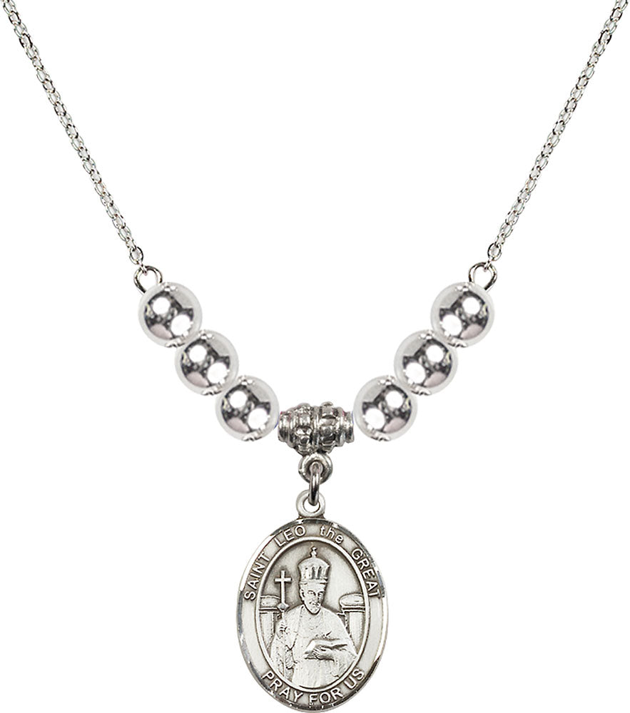 Sterling Silver Saint Leo the Great Birthstone Necklace with Sterling Silver Beads - 8120