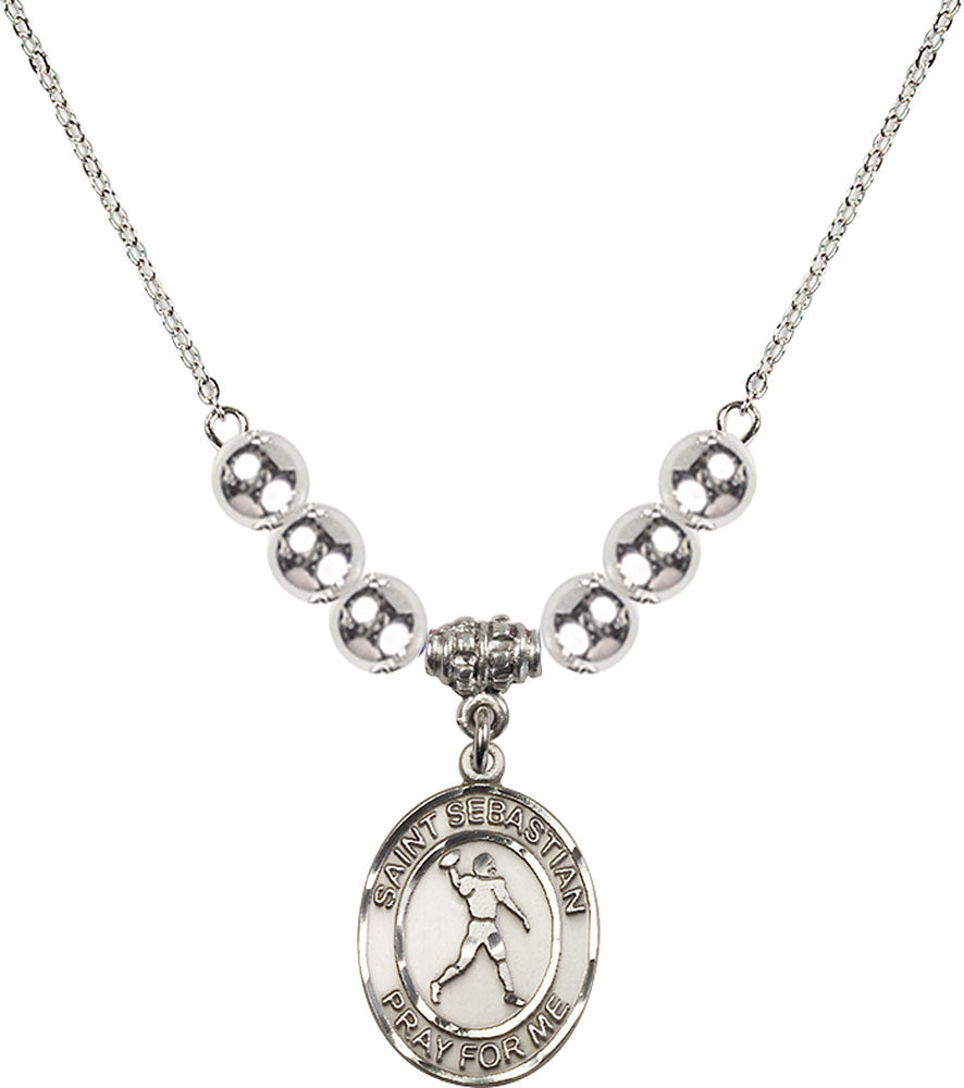 Sterling Silver Saint Sebastian/Football Birthstone Necklace with Sterling Silver Beads - 8161