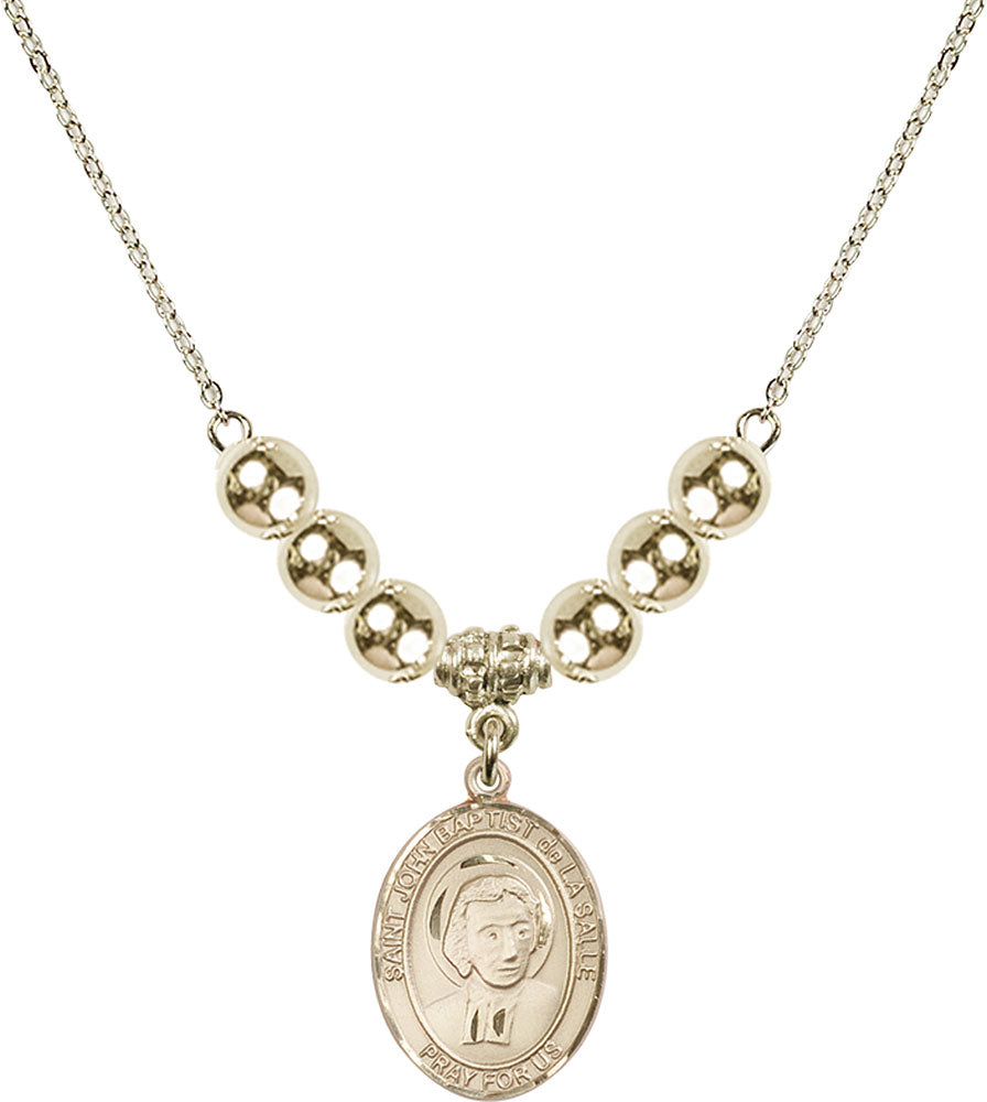 14kt Gold Filled Saint John Baptist de la Salle Birthstone Necklace with Gold Filled Beads - 8262