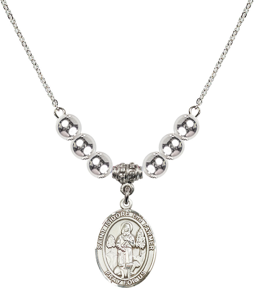 Sterling Silver Saint Isidore the Farmer Birthstone Necklace with Sterling Silver Beads - 8276