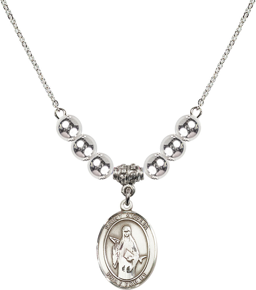 Sterling Silver Saint Amelia Birthstone Necklace with Sterling Silver Beads - 8313