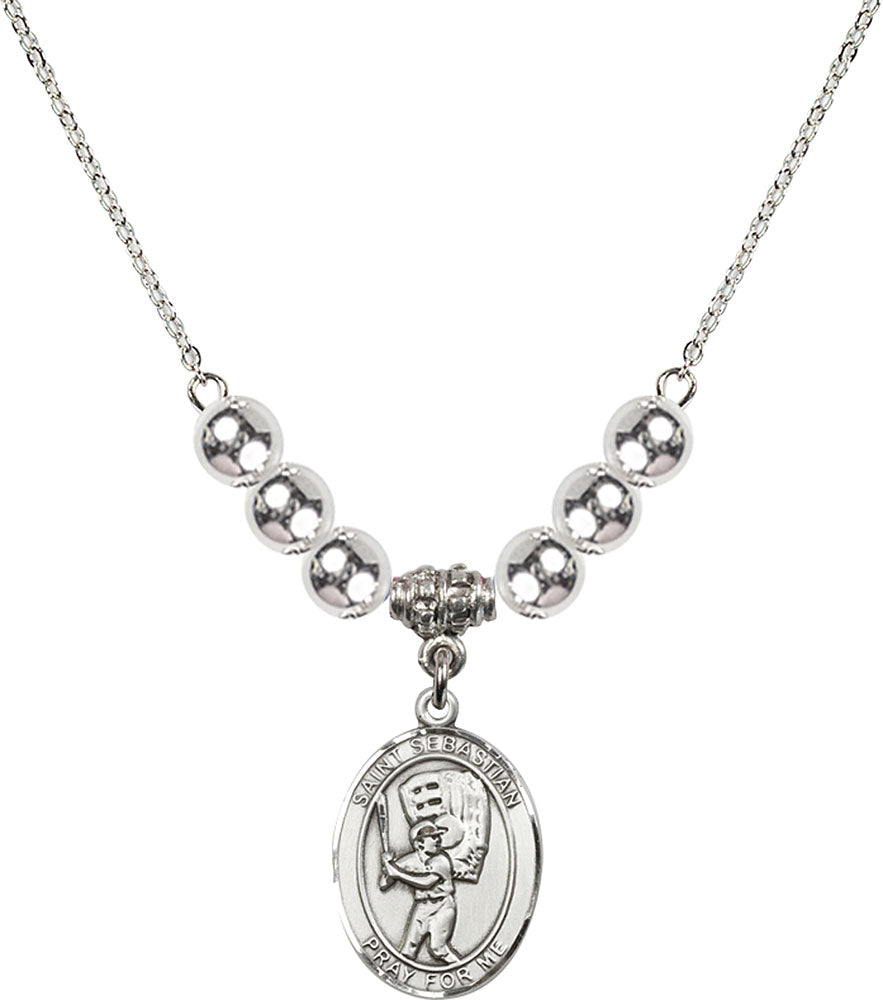 Sterling Silver Saint Sebastian / Baseball Birthstone Necklace with Sterling Silver Beads - 8600