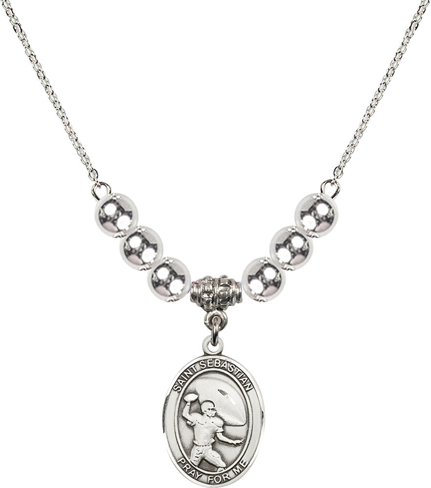 Sterling Silver Saint Sebastian / Football Birthstone Necklace with Sterling Silver Beads - 8601