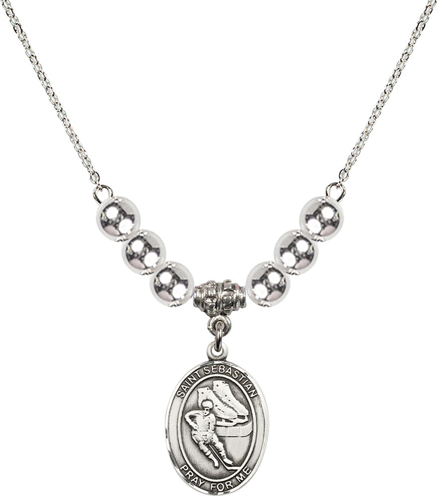 Sterling Silver Saint Sebastian / Hockey Birthstone Necklace with Sterling Silver Beads - 8604