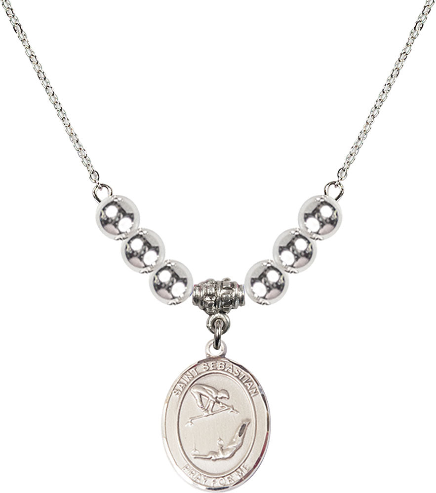 Sterling Silver Saint Sebastian/Gymnastics Birthstone Necklace with Sterling Silver Beads - 8613