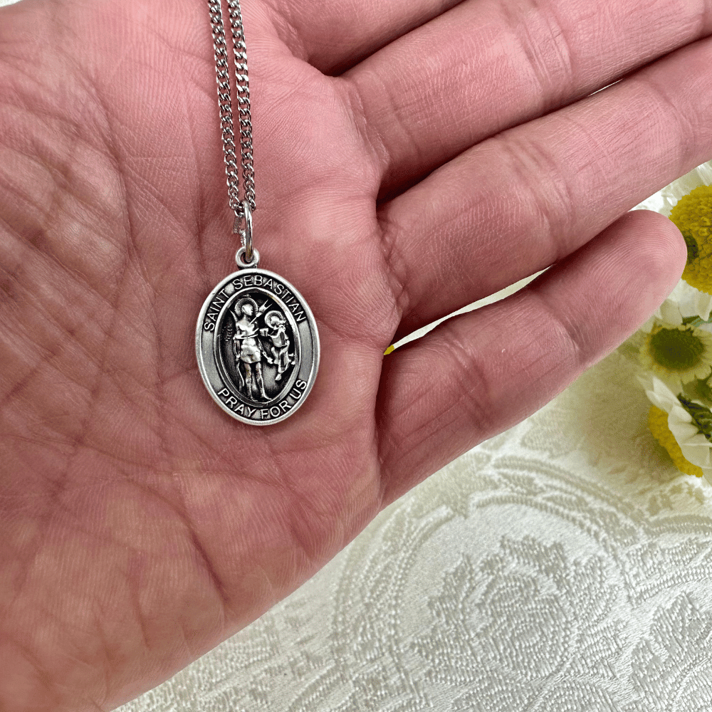 Sterling Silver St. Sebastian Pendant with 18 inch Sterling Silver Light Curb Chain - Medium