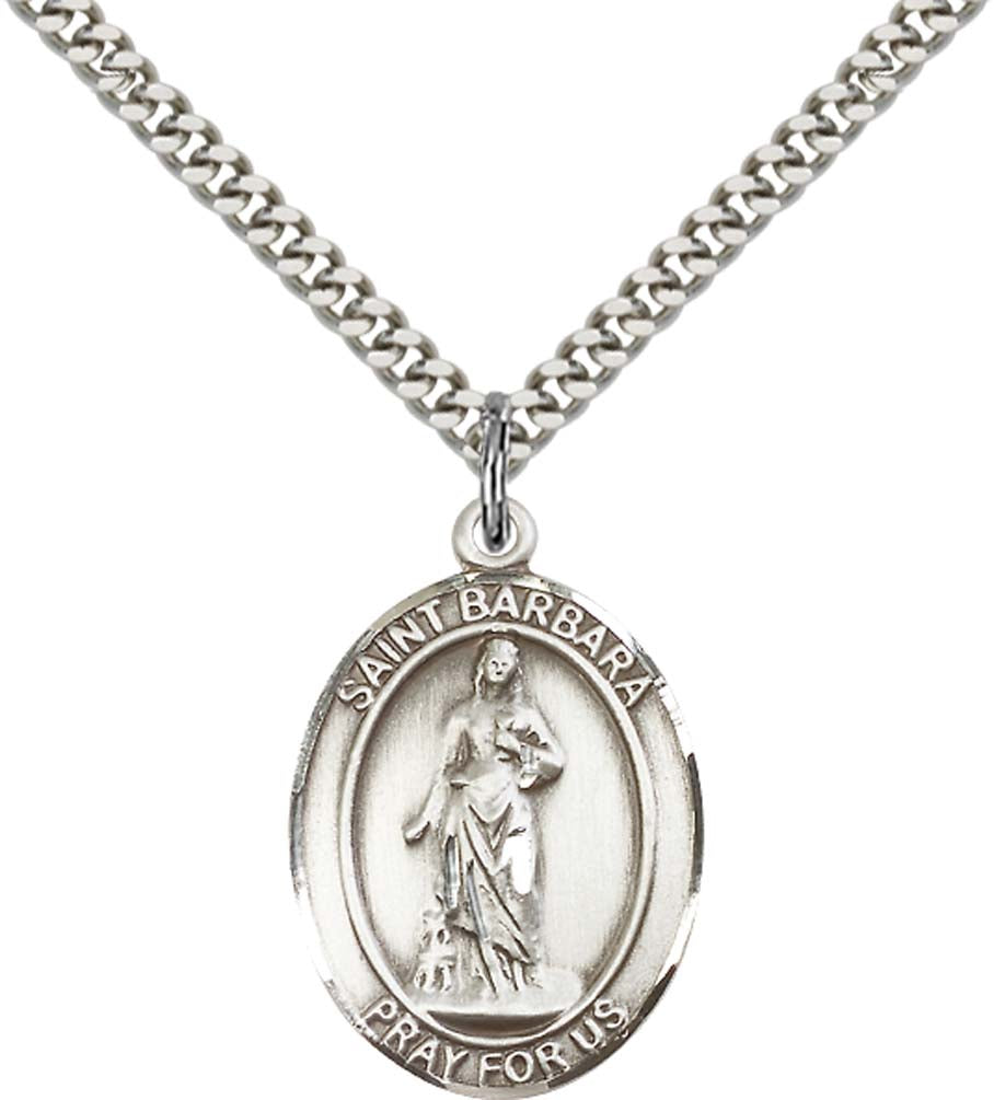 Pewter Saint Barbara Pendant on an 24-inch Light Rhodium Heavy Curb Chain