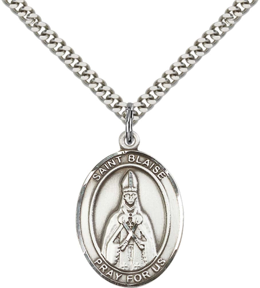 Pewter Saint Blaise Pendant on an 24-inch Light Rhodium Heavy Curb Chain