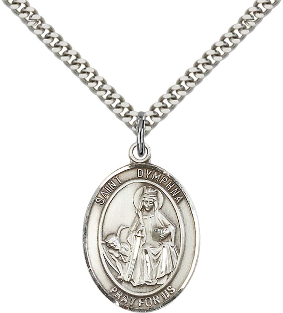 Pewter Saint Dymphna Pendant on an 24-inch Light Rhodium Heavy Curb Chain