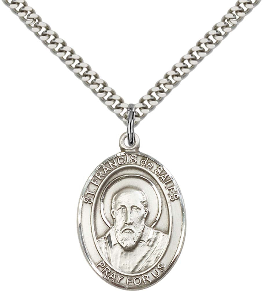 Pewter Saint Francis de Sales Pendant on an 24-inch Light Rhodium Heavy Curb Chain