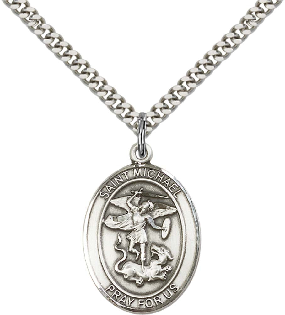 Pewter Saint Michael EMT Pendant on an 24-inch Light Rhodium Heavy Curb Chain