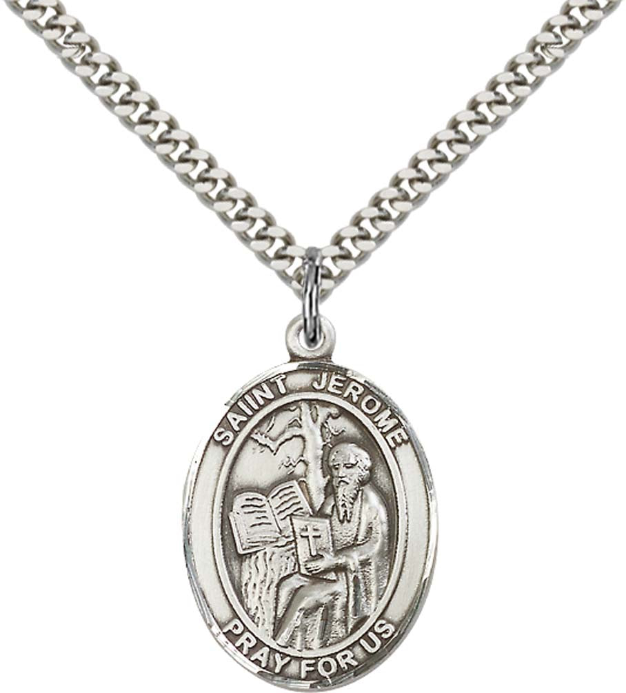 Pewter Saint Jerome Pendant on an 24-inch Light Rhodium Heavy Curb Chain