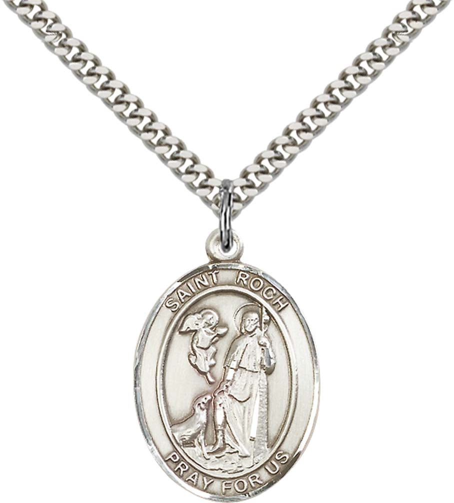Pewter Saint Roch Pendant on an 24-inch Light Rhodium Heavy Curb Chain